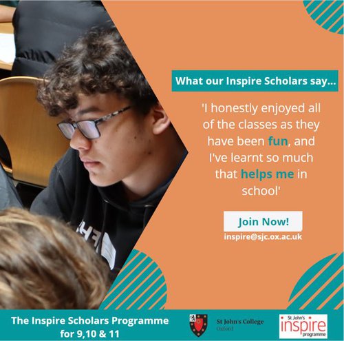 A quote card for Inspire Scholars, which reads "I honestly enjoyed all of the classes as they have been fun, and I've learnt so much that helps me in school". Join now! inspire@https-sjc-ox-ac-uk-443.webvpn.ynu.edu.cn.